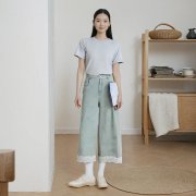 温碧霞代言IRENENA服装春季新款时尚百搭显瘦蕾丝蓝色阔腿